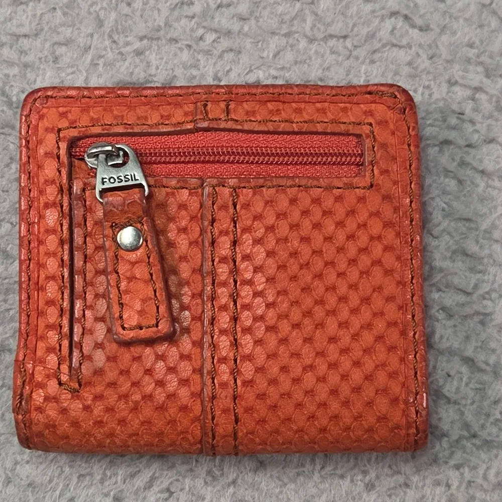 Fossil Key-Per Wallet Womens Maddox Orange Leather Pocket Gator Emboss VTG Y2K